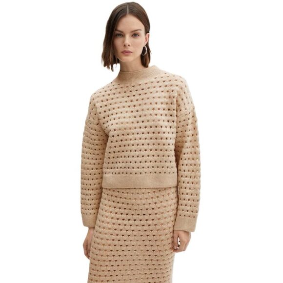 Mango Pescador Open‎ Knit Mock Neck Sweater Taupe Size S - Picture 1 of 8